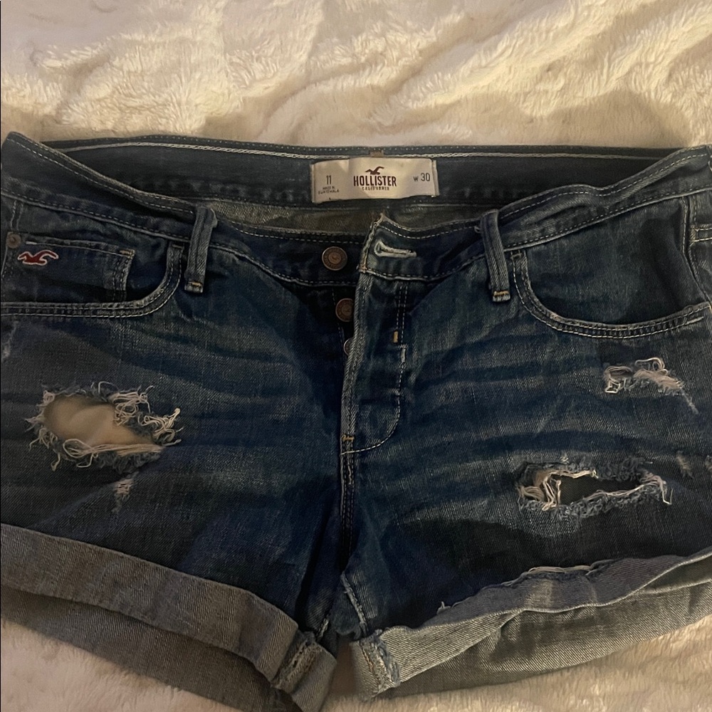 Hollister Women's Distressed Dark Blue Jean Shorts